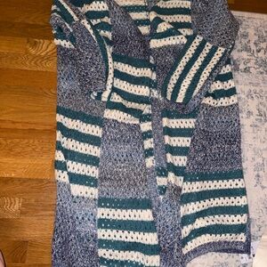 Striped Knit Cardigan Sweater - Blue and White